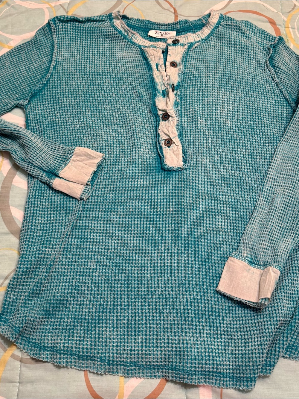 Zenana Outfitters Teal Waffle-Knit Henley with Cream Trim